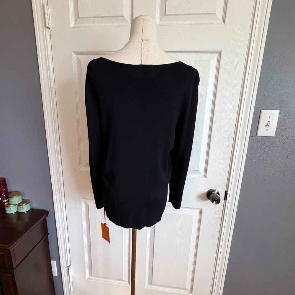 Ruby Rd Womens XL Black Knit Top Embellished Spiral Neckline Long Sleeve NWT